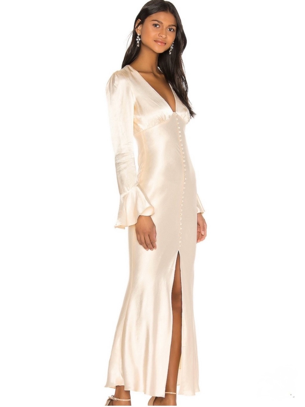 Shona Joy Satin Button-Front Maxi Dress in Ivory